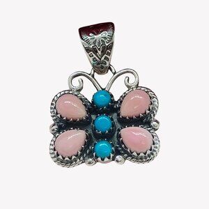 Sterling Silver Butterfly Pendant w/Pink Conch Shell & Turquoise Wide Bail